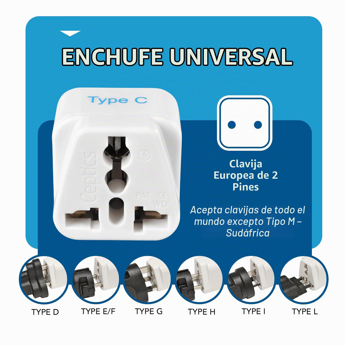 Adaptador de Enchufe Universal Ceptics Negro con Toma a Tierra
