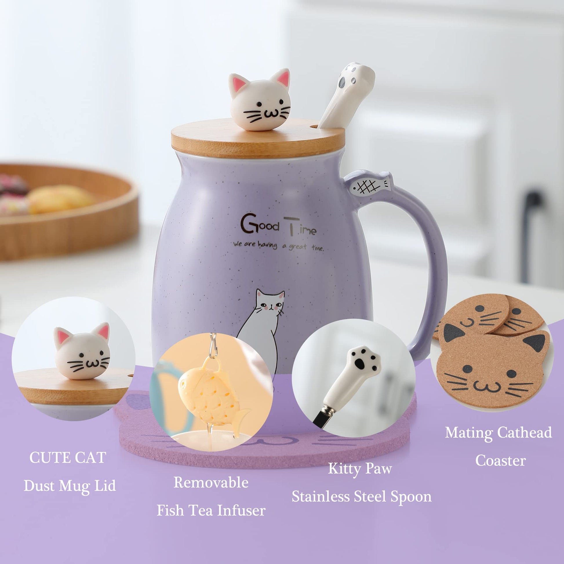 BigNoseDeer - Taza de té Kawaii con infusor y tapa, taza de café de cerámica para gatos morados, regalos de cumpleaños para mamá, regalos para mujeres, novias, niñas, amantes de los gatos (13 onzas)