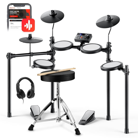 Donner DED-70 NEW Batería eléctrica nueva batería electrónica para principiantes con 150 sonidos, 4 pads de malla silenciosos, platillos de 9", MIDI USB, 2 pedales, trono, auriculares, baquetas