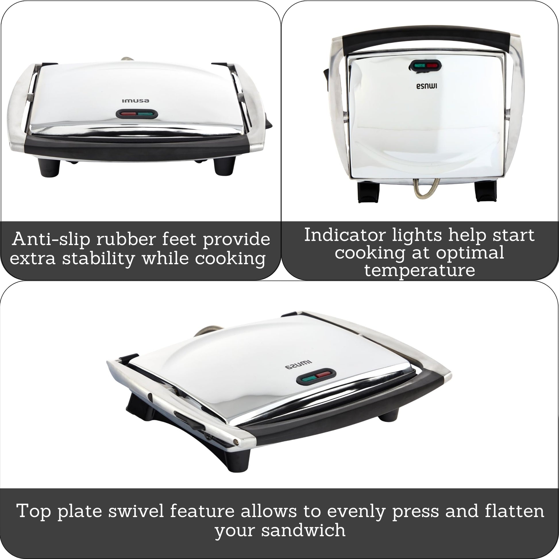 IMUSA - Sandwichera Panini de acero inoxidable de 12 x 10 pulgadas con placas antiadherentes de cerámica