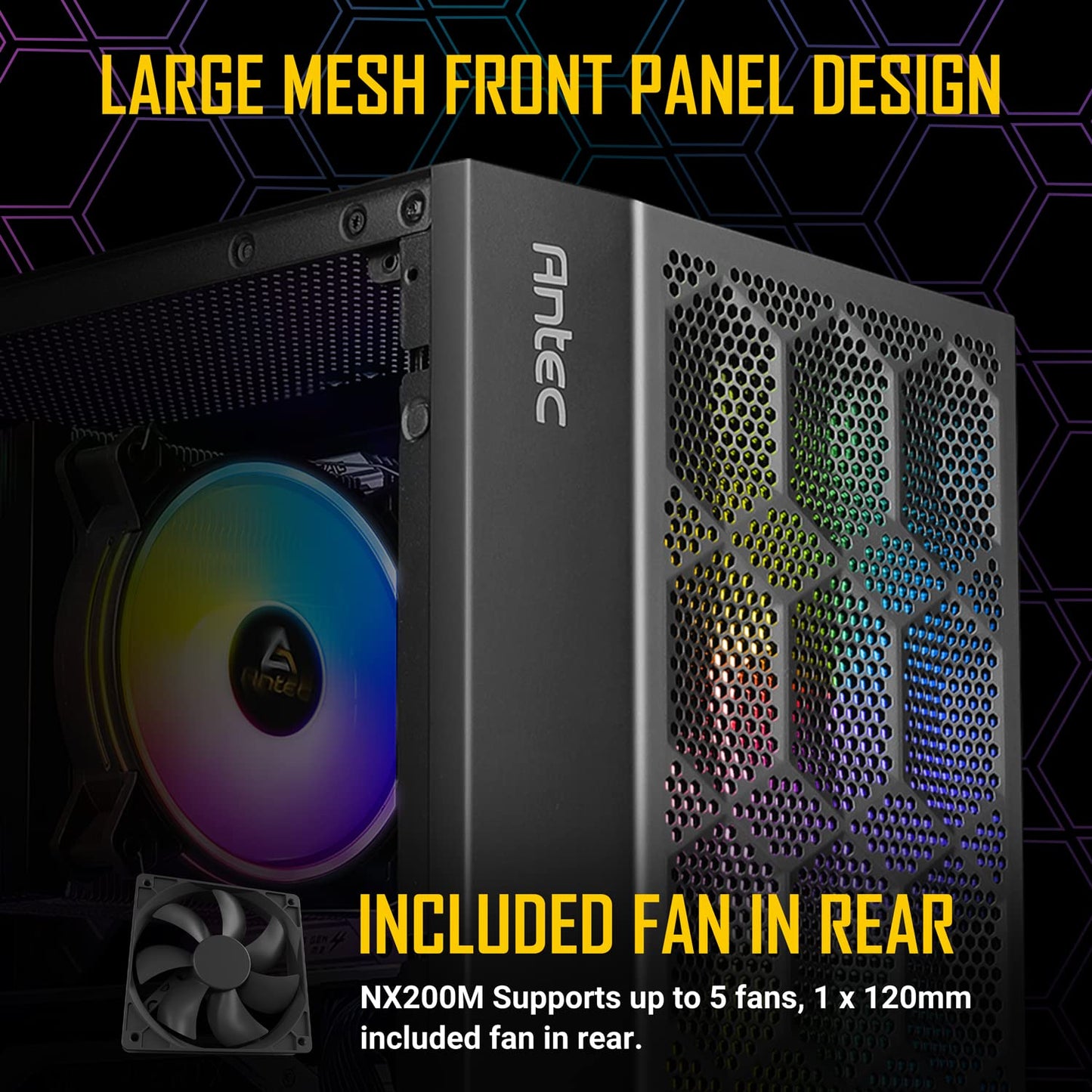 Antec NX200 M Micro-ATX Tower - Caja de Ordenador con Ventilador Trasero de 120 mm preinstalado, diseño de Malla en el Panel Frontal ventilado Flujo de Aire, Serie NX, Color Negro