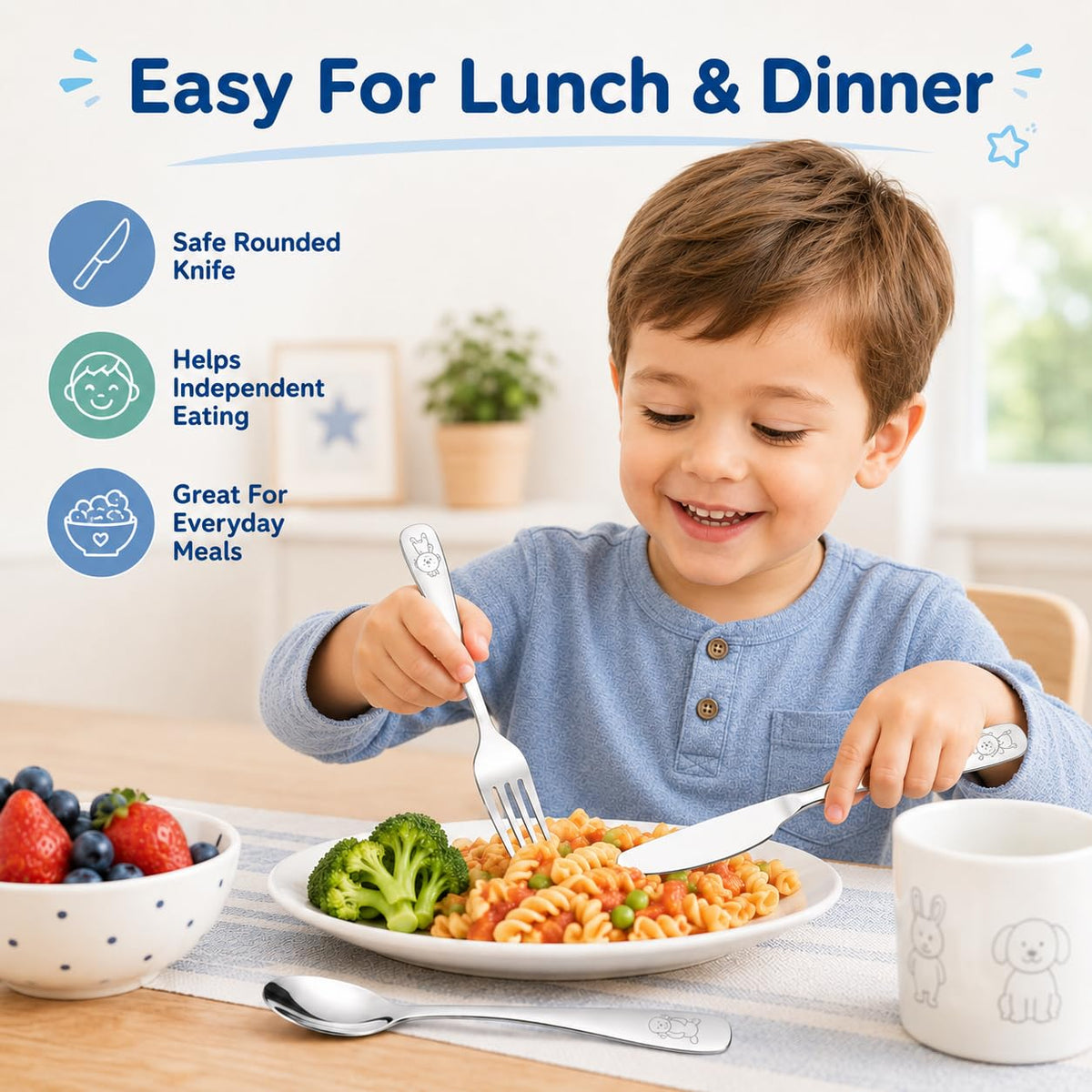 Exzact Stainless Steel 18 Pieces Childrens Flatware/Kids Silverware/Cutlery Set - 6 x Safe Forks, 6 x Safe Table Knives, 6 x Tablespoons - Safe Toddler Utensils (Engraved Dog Cat Bunny)