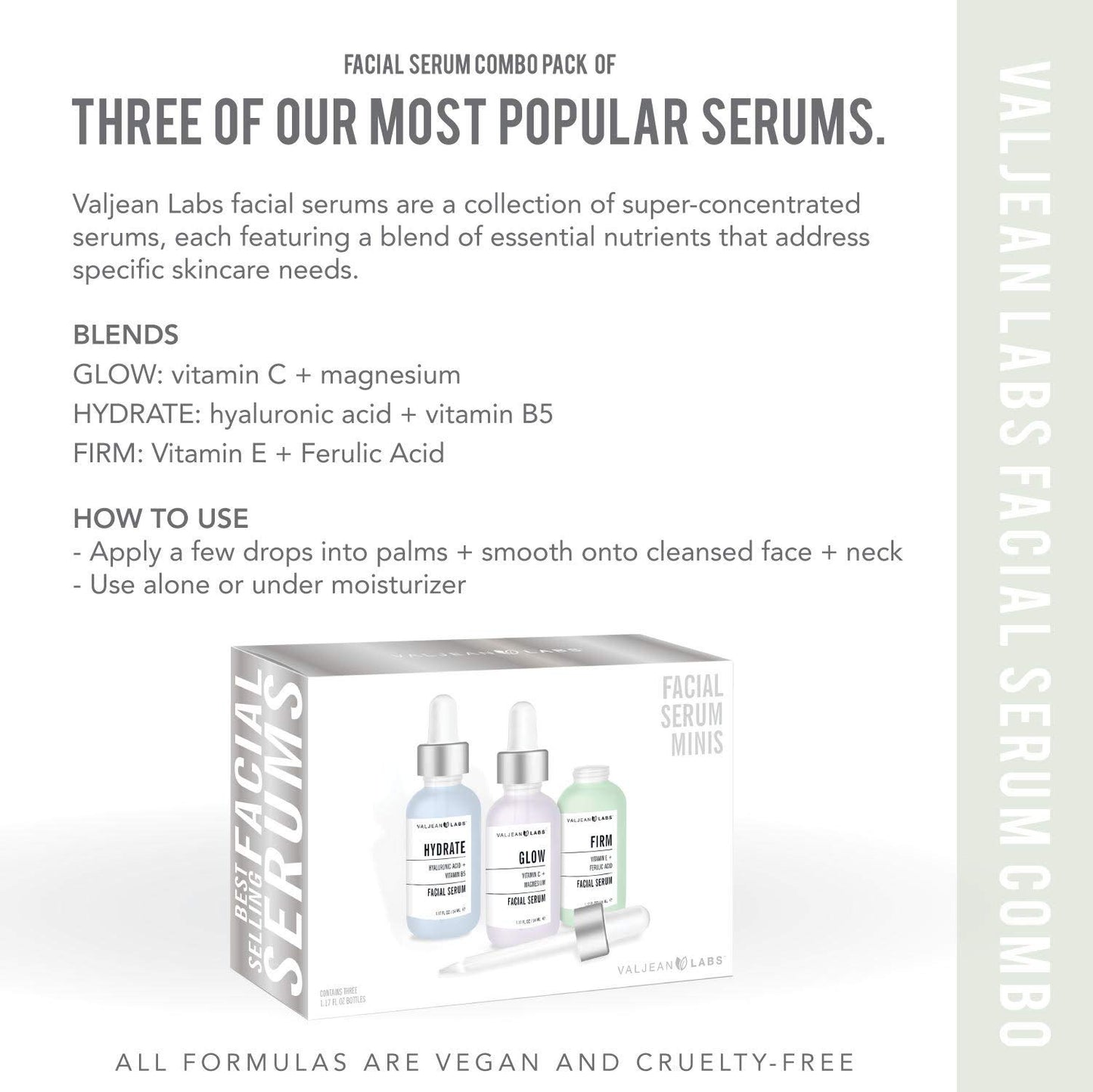 Valjean Labs Facial Serum, Combo Pack of Hydrate, Glow, and Firm (1oz Bottles)
