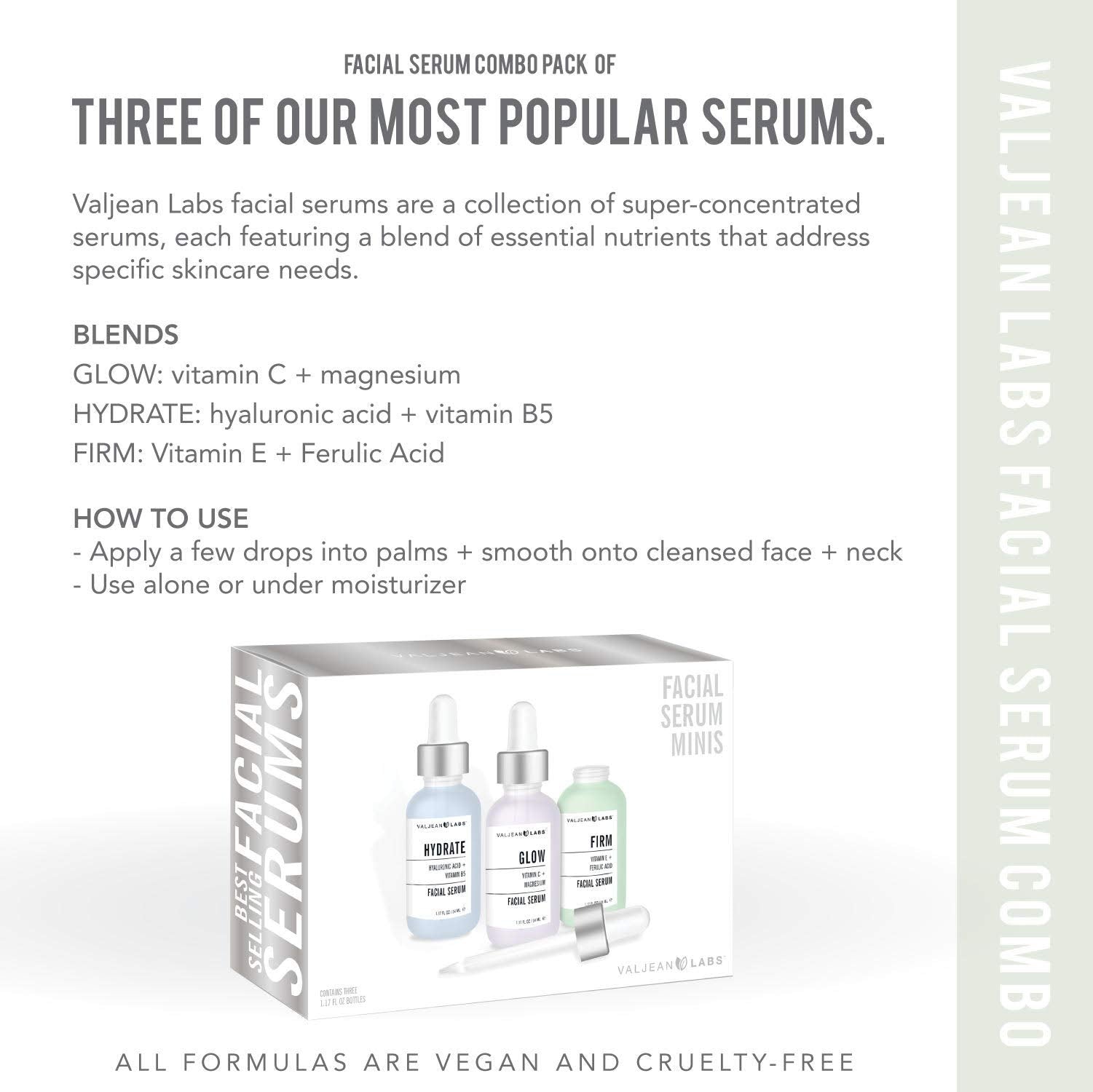 Valjean Labs Facial Serum, Combo Pack of Hydrate, Glow, and Firm (1oz Bottles)