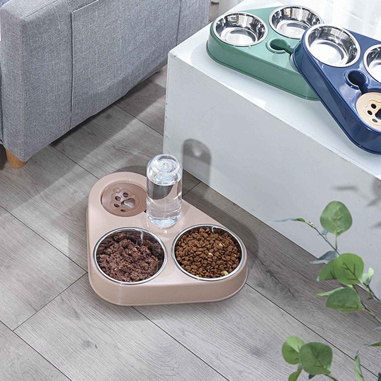 Cuencos Dobles para Perros y Gatos, Juego de Cuencos para Comida Con Botella de Agua para Mascotas, Cuencos Triples para Evitar Derrames con Botella de Agua Automática para Perros y Gatos(Rosa)