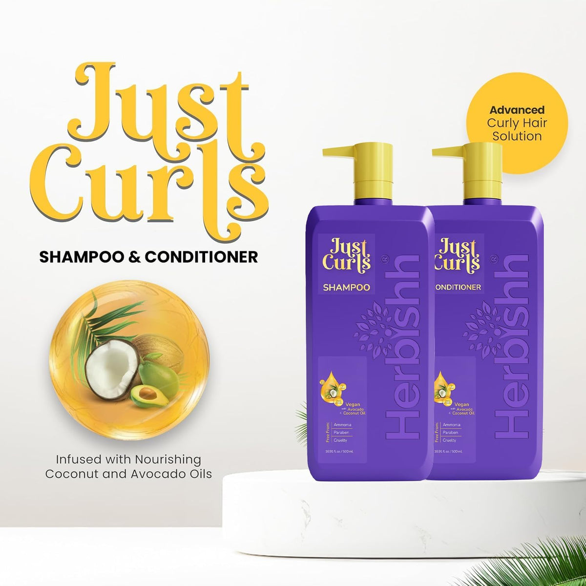 Set Shampoo y Acondicionador Herbishh Just Curls con Aceite de Coco y Aguacate – Fórmula Vegana sin Sulfatos | Nutrición, Hidratación y Definición para Cabello Rizado y Ondulado