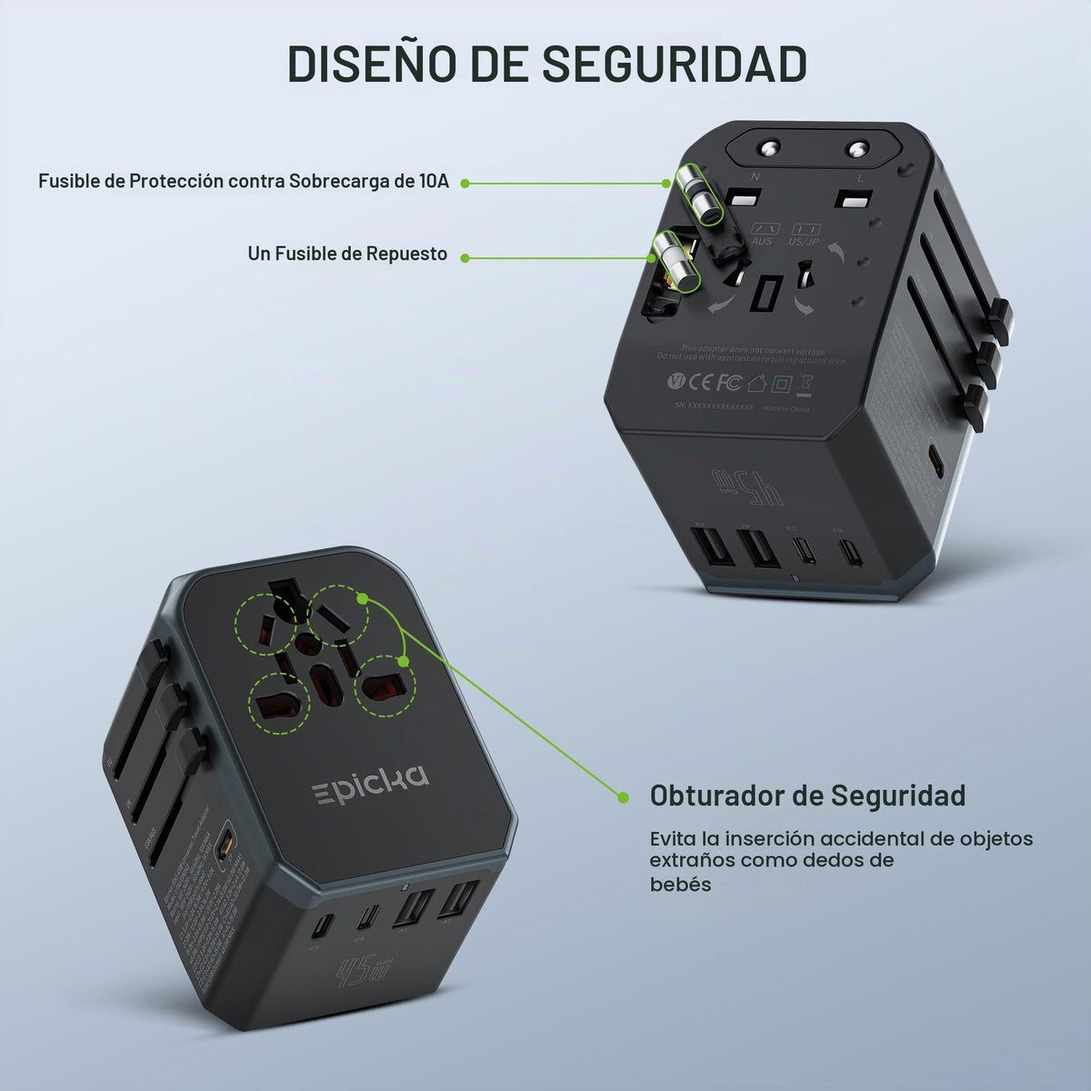 Adaptador de Viaje Universal EPICKA GaN 45W Europeo con Carga Rápida PD&QC