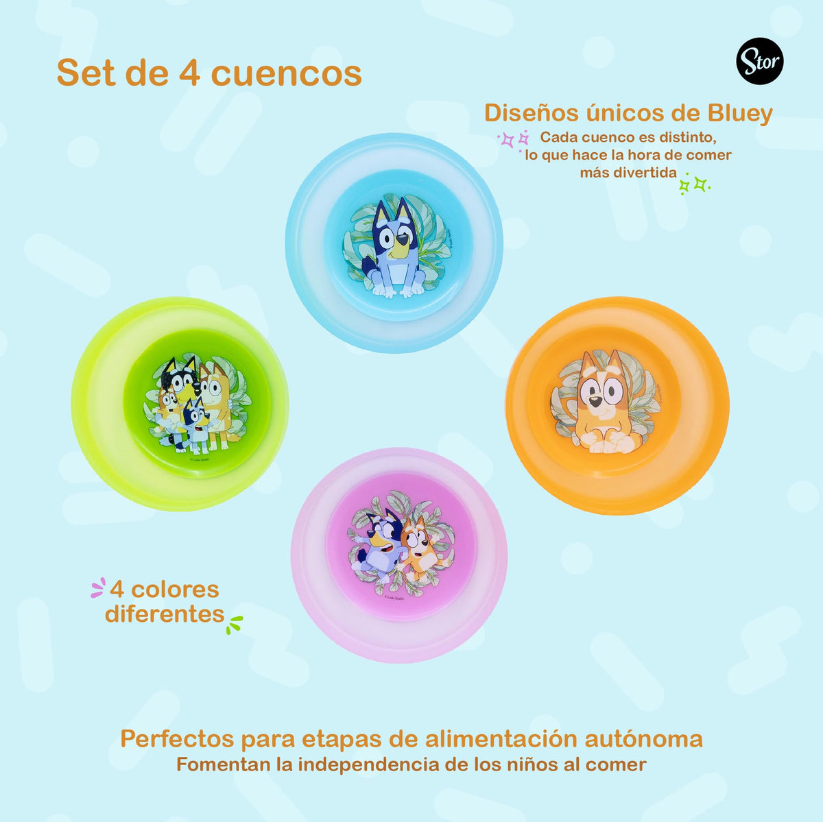 Stor – Set de 4 Tazones para Niños Bluey con Ventosa de Succión Antideslizante | Producto Oficial | Libre de BPA | Platos Hondos Apilables, Resistentes y Ligeros | Antiderrames