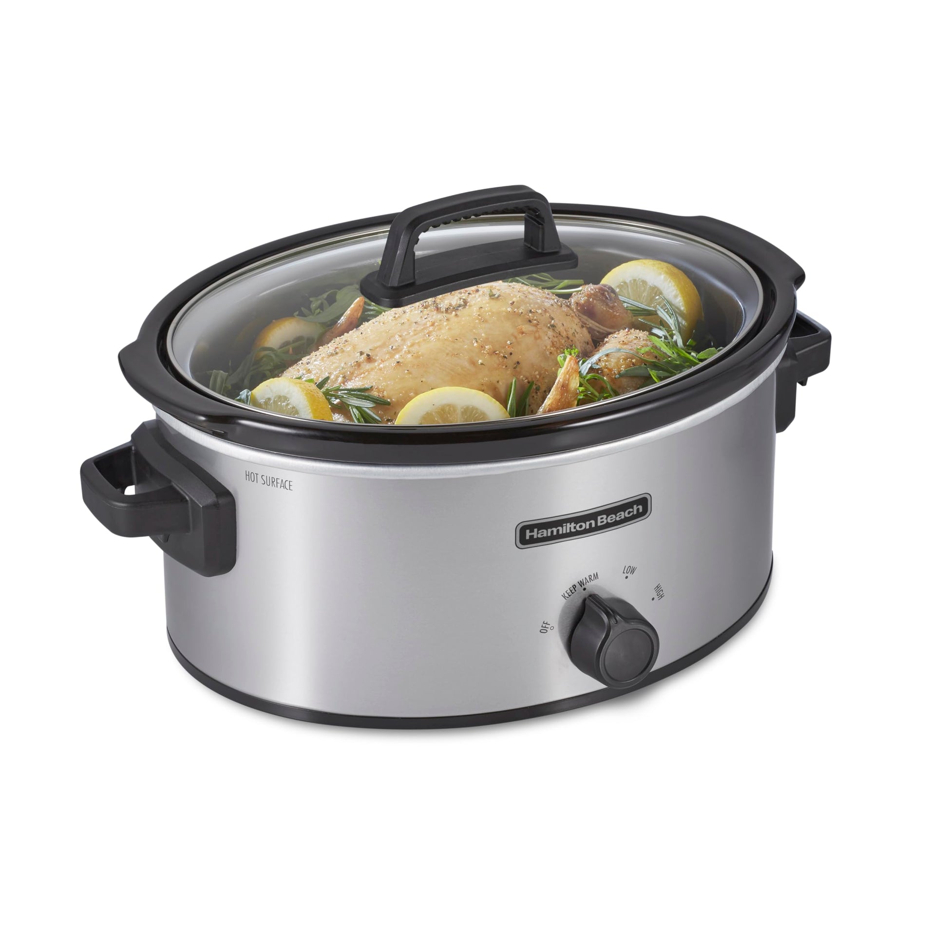 Hamilton Beach - Olla de cocción lenta de 6 cuartos con 3 ajustes de cocción, vajilla de cerámica apta para lavaplatos y tapa de vidrio, plata (33665G)