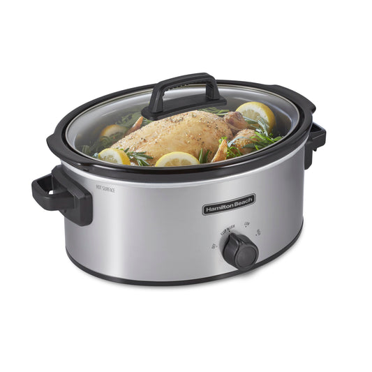 Hamilton Beach - Olla de cocción lenta de 6 cuartos con 3 ajustes de cocción, vajilla de cerámica apta para lavaplatos y tapa de vidrio, plata (33665G)