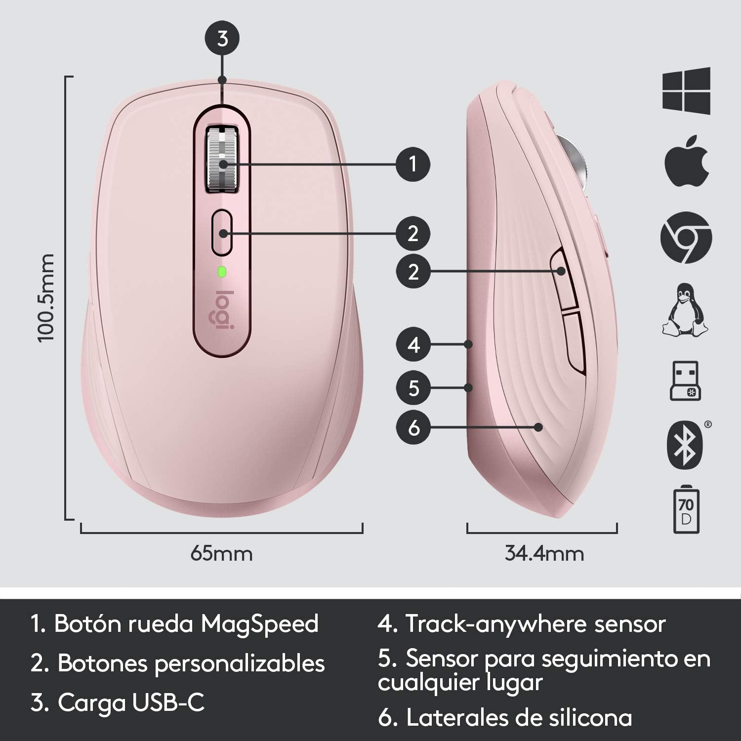 Logitech MX Anywhere 3 Mouse Compacto de Alto Desempeño, Inalámbrico, Scroll Rápido, 4000DPI, Botones Personalizables, USB-C, Bluetooth, Mac/iPad/Windows/PC/Linux/Chrome - Rosa