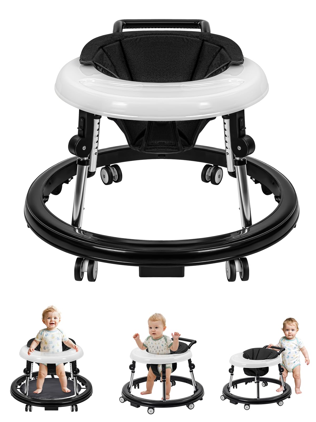 Baby Walker with Wheels, Activity Center with Mute Wheels Anti-Rollover, 5 Height Adjustable Foldable Baby Walkers for Boys and Girls from 6-18 Months with Footrest