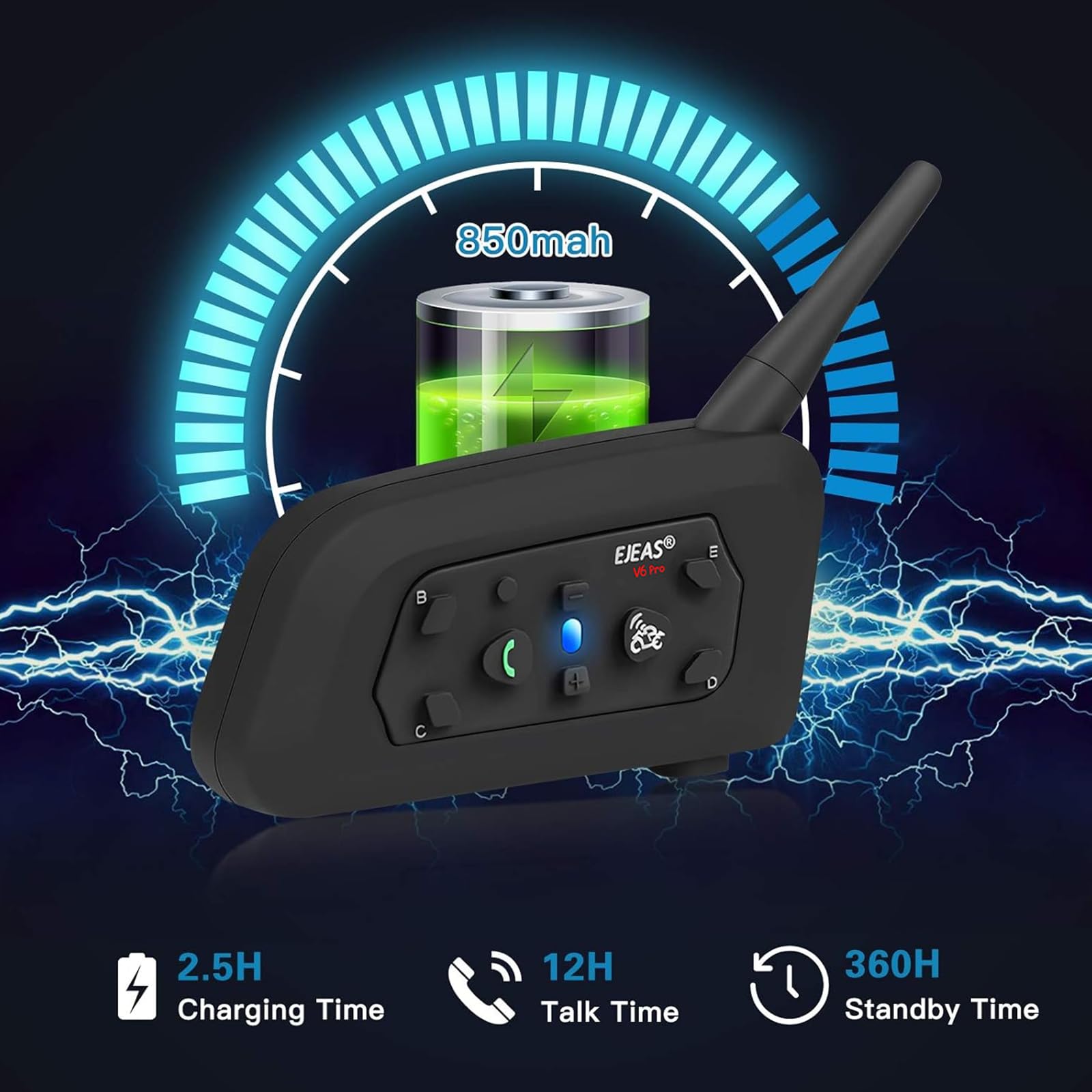 EJEAS V6 Pro Intercomunicador para Casco de Moto, 2 Riders 1200M Sistema de Comunicación Universal con Cancelación de Ruido y Resistente al Agua para Dirt Bike/ATV/Moto de Nieve (1PC)