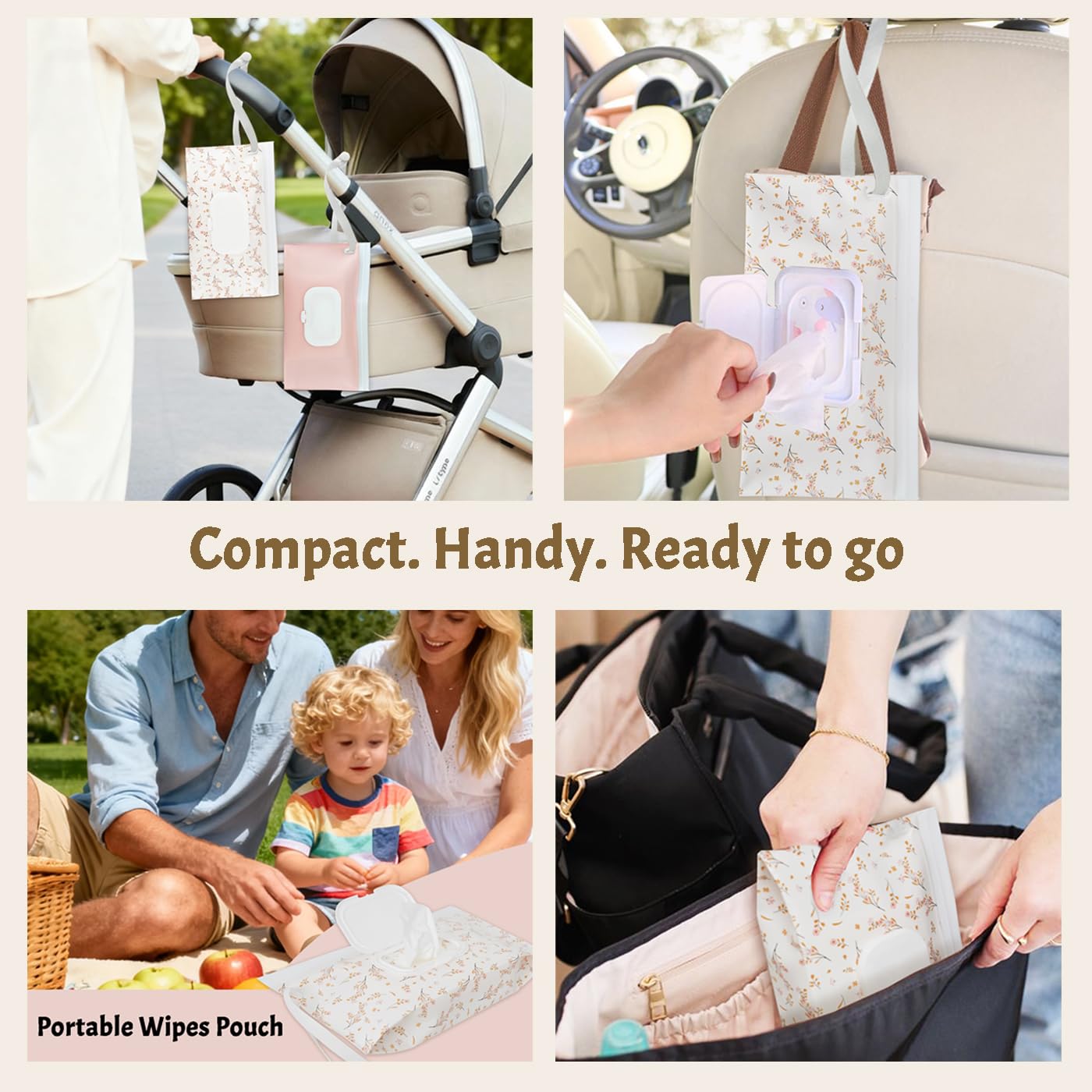 eoscasely - Dispensador de toallitas y contenedores, paquete de 2 soportes reutilizables para toallitas y fundas de viaje, bolsa recargable para artículos esenciales para bebés, diseño rosa y hoja