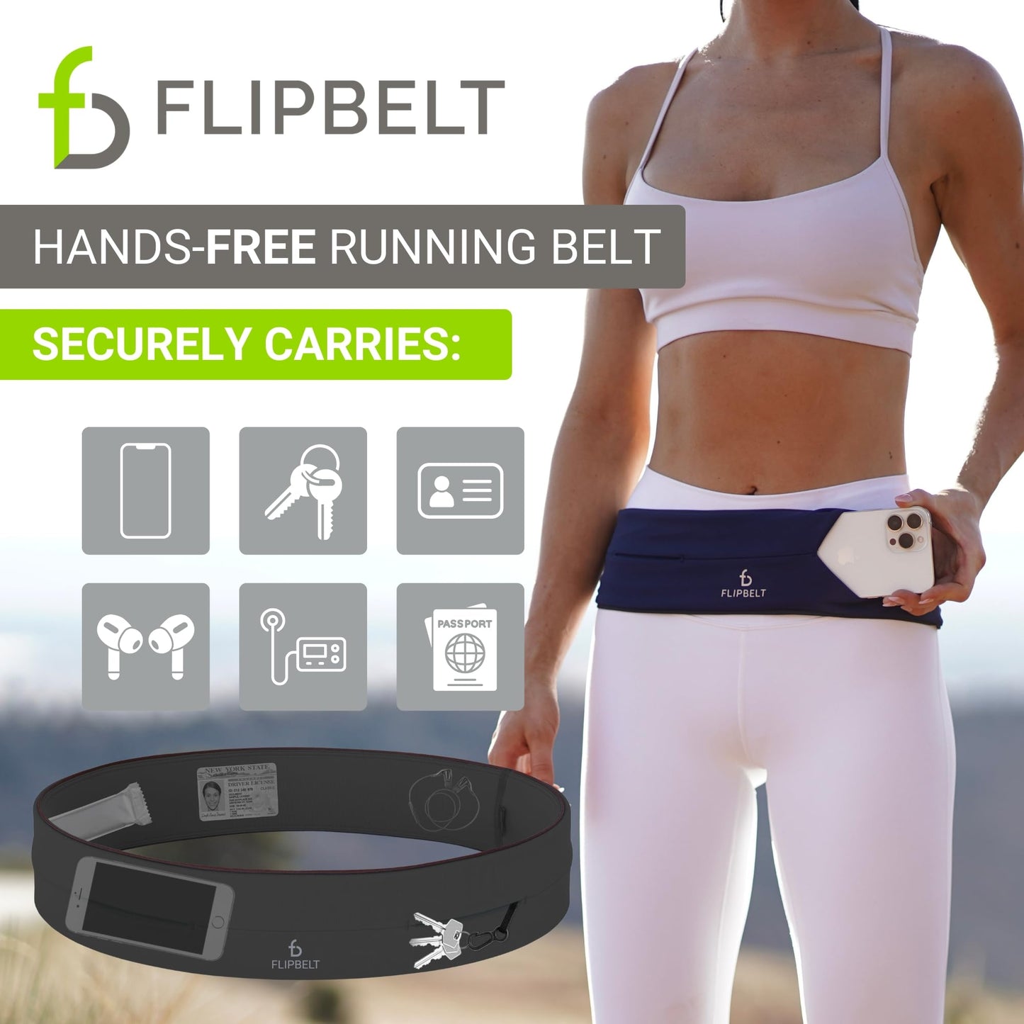 Cinturón Clásico FlipBelt Carbono XXL para Correr y Llevar Teléfono y Accesorios para Mujer y Hombre