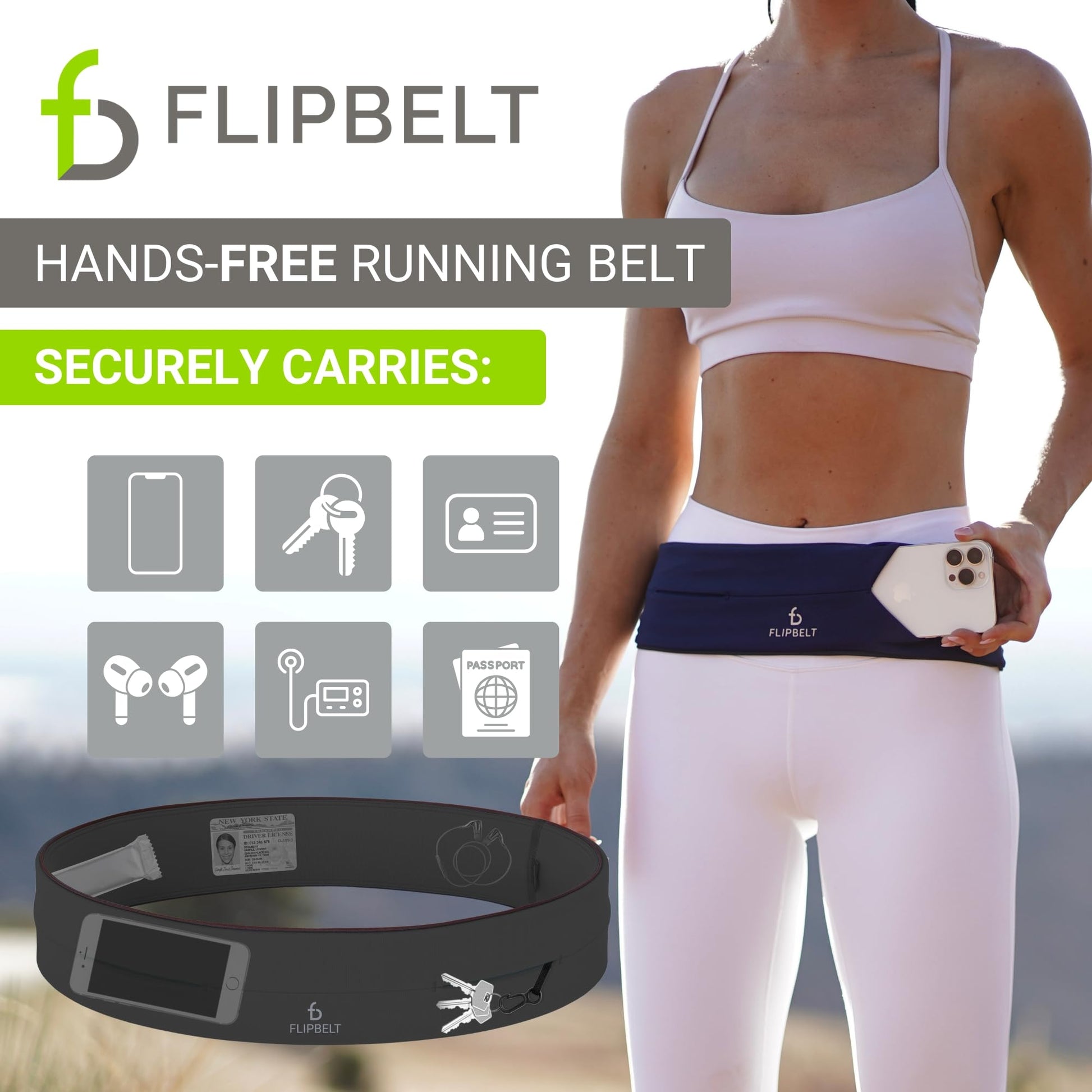 Cinturón Clásico FlipBelt Carbono XXL para Correr y Llevar Teléfono y Accesorios para Mujer y Hombre