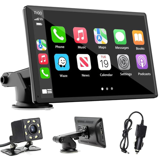 HIMICAR Autoestereo Portátil Estéreo con Inalámbrico Apple Carplay & Android Auto/Mirror Link, 7 Pulgadas IPS HD Pantalla Completa Táctil, Control de Voz, FM, Bluetooth, AUX, TF + Cámara Trasera
