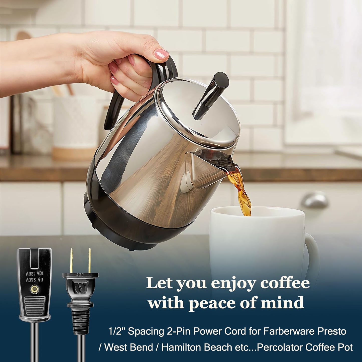 HASMX Cable de alimentación de 6 pies de largo 1/2 pulgada para cafetera Farberware y Presto Super Speed Percolator de 1/2 pulgadas, también para muchos electrodomésticos pequeños con espacio de 1/2