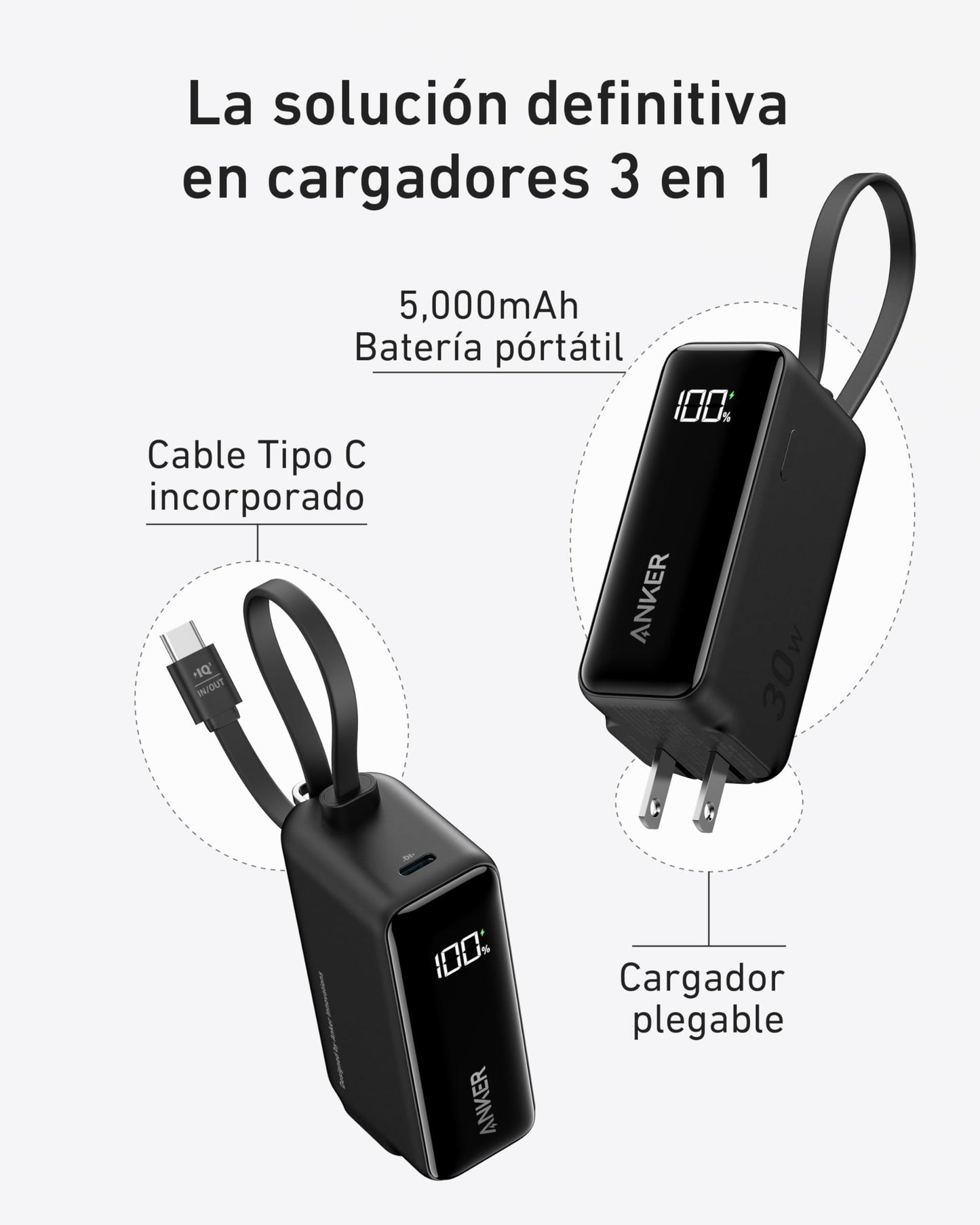 Cargador Portátil Anker USB C Negro con Cable y Enchufe Plegable de 5000mAh 30W para iPhone 15 y Samsung Galaxy