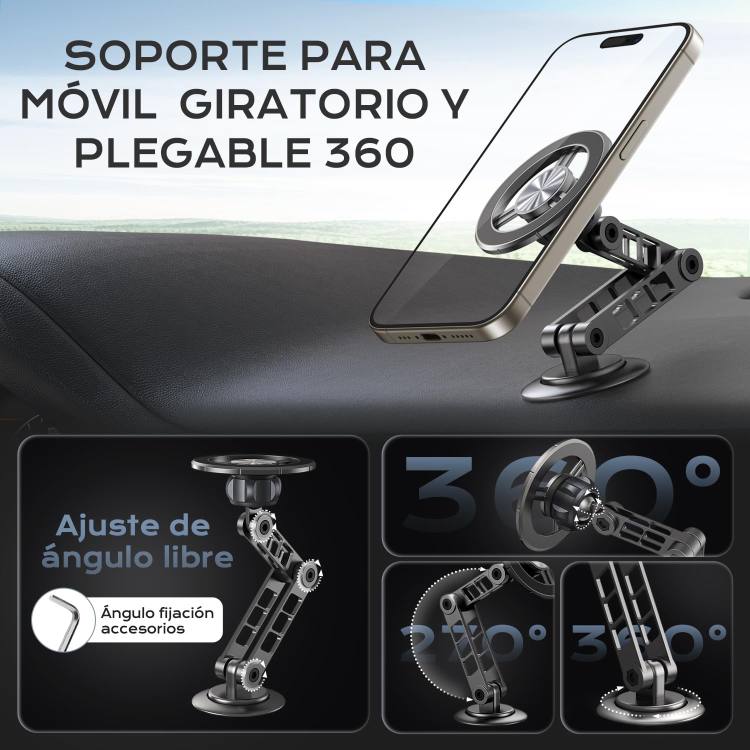 Fallinep Soporte para Celular, Aluminio de Porta Celular para Auto, Plegable y Giratorio de Base para Celular Automovil, Portacelular para Auto, Magnetic Phone Holder