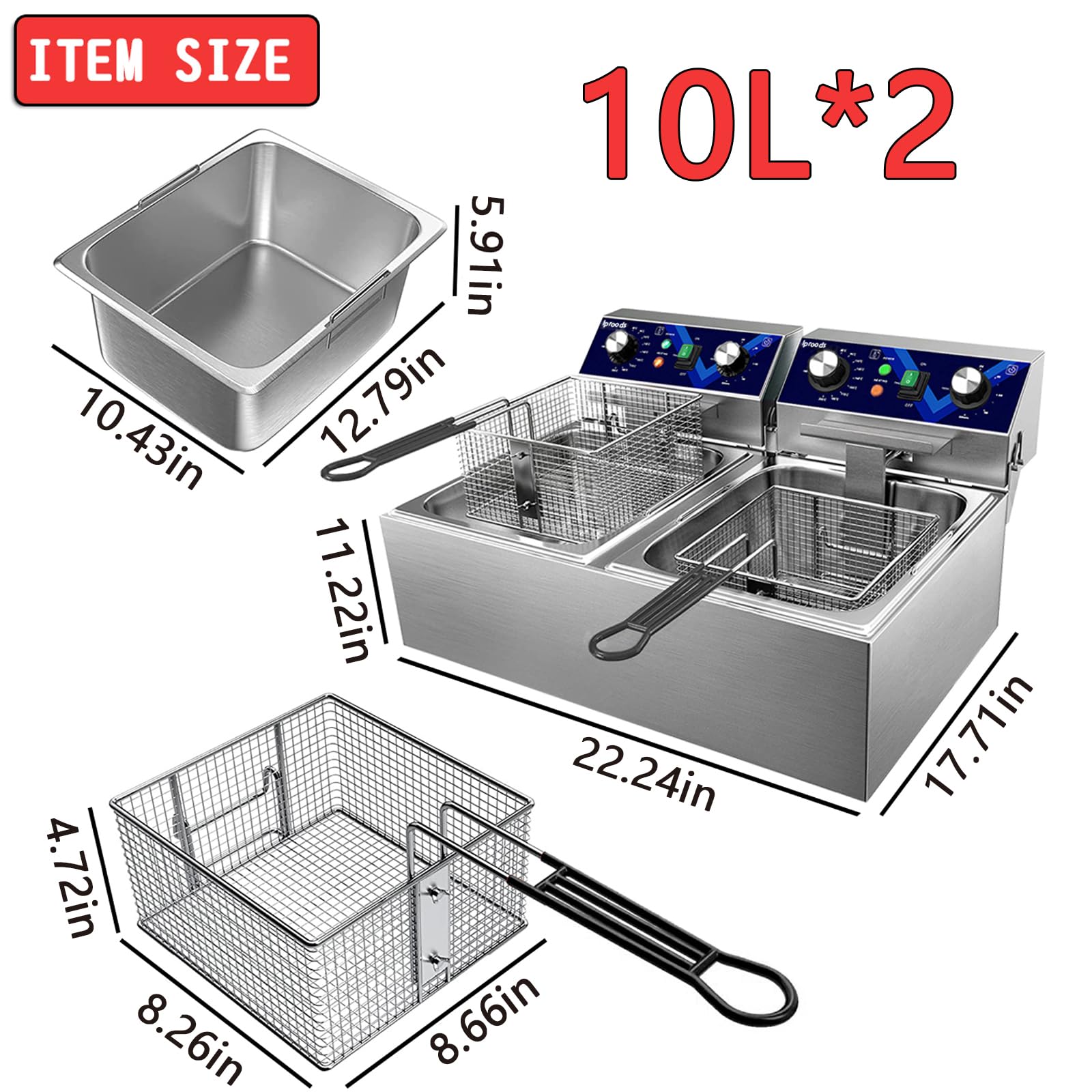 Iproods Freidora eléctrica con cesta y tapa, máquina de freír de acero inoxidable para cocina comercial y doméstica, con temperatura y tiempo ajustable, 110 V (10.5 QT*2)