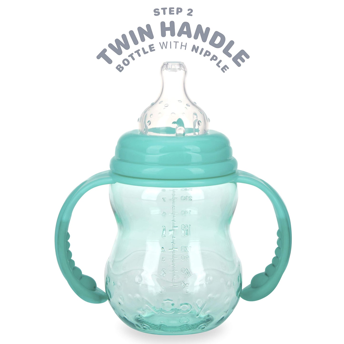 Botella Tritan de Cuello Ancho Nuby Verde Azulado de 3 Etapas sin Derrames de 8 Onzas