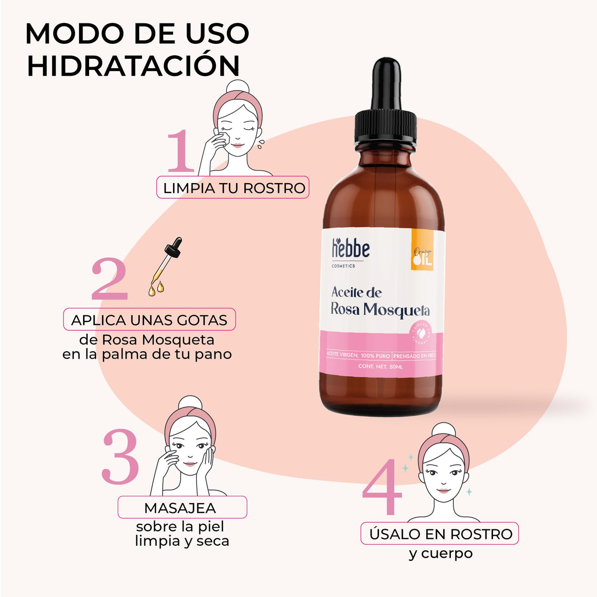 HEBBE | Aceite De Rosa Mosqueta 50 ml | Tratamiento Facial Antiedad y Reparador Cutáneo | Regenerador De Piel, Reduce Manchas, Ojeras y Estrías | Aceite Natural