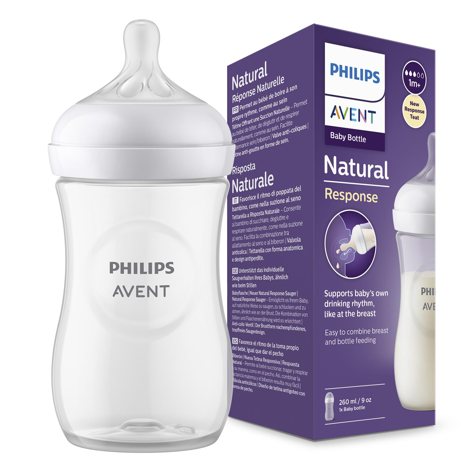 Biberón Philips Avent Natural Response 9 oz con Válvula Anticólicos Flujo 3 Medio