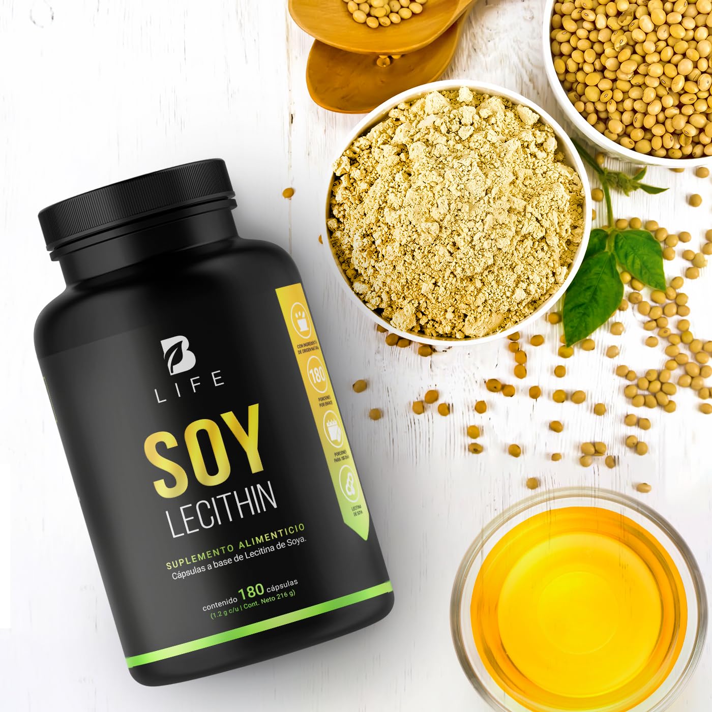 Lecitina de Soya de 180 Cápsulas blandas de 1200 mg. Ingredientes naturales. Soy Lecithin B Life.
