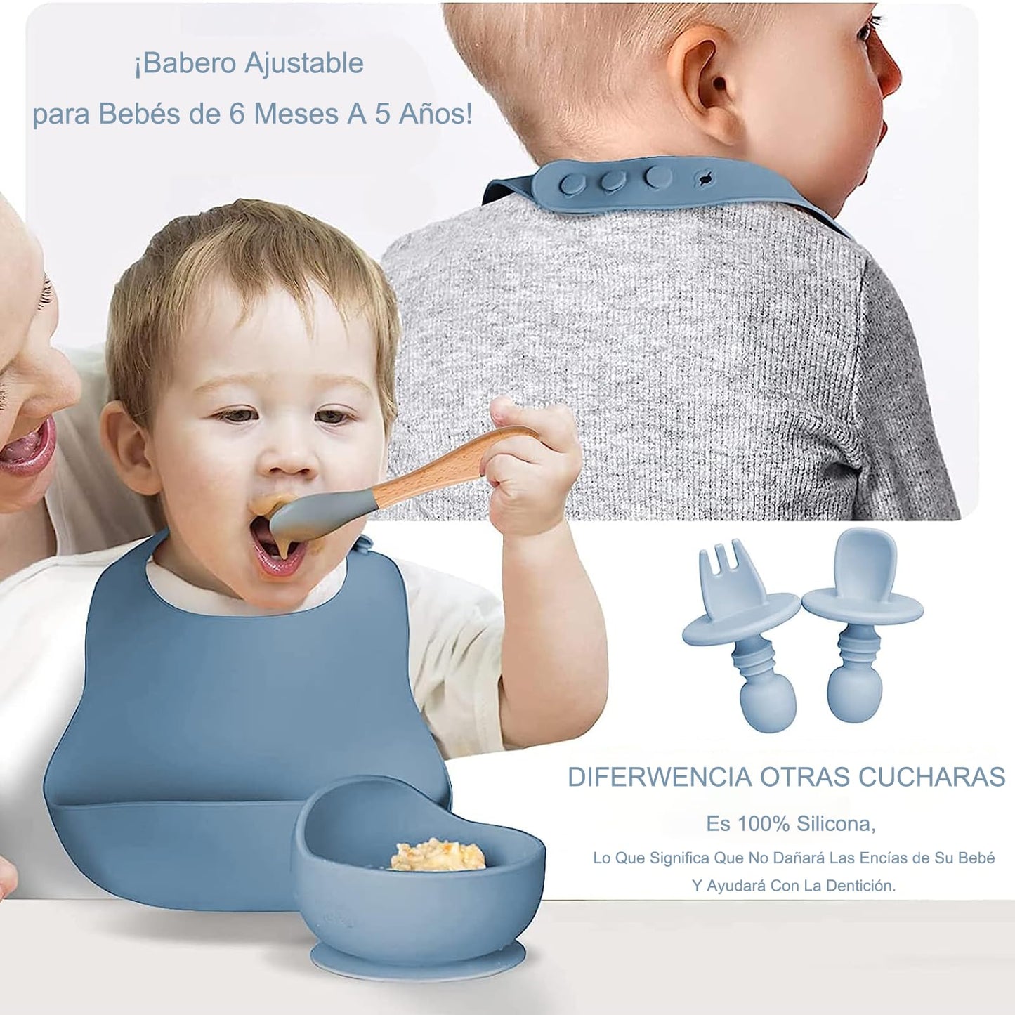 Set de Vajillas y Platos de Silicona, Azul, con Ventosas y Baberos Ajustables para Bebé, Seguros para Alimentos, Sin BPA, 8 Piezas, Ideal para Babyshower