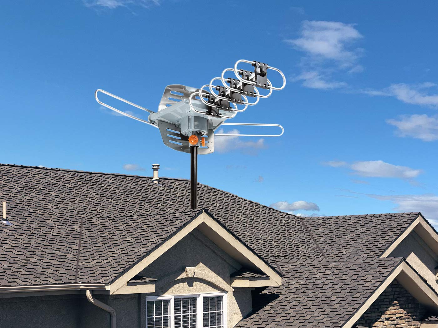 Five Star Outdoor 150 Mile Motorized 360 Degree Rotation OTA Amplified HDTV Antenna for 2 TVs Support - UHF/VHF/1080P Channels Wireless Remote Control - 40FT Coax Cable