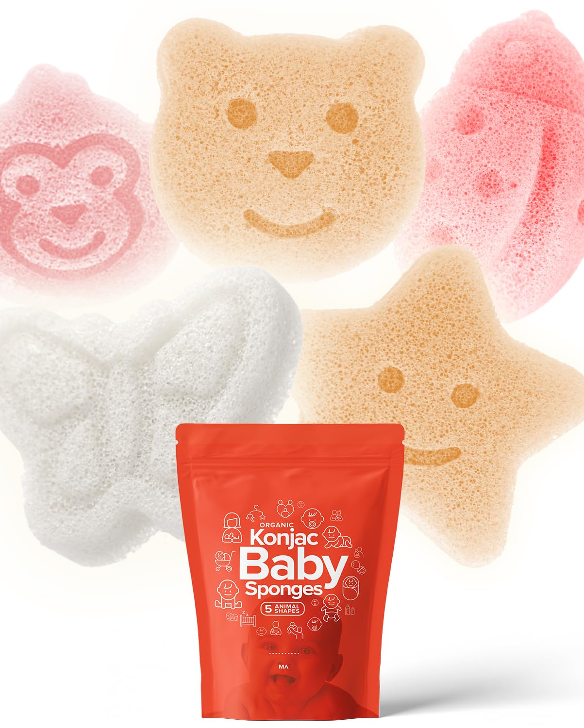 Konjac - Esponja para bebé para bañarse, formas naturales lindas, esponjas de baño para niños, hora del baño de niños pequeños, segura a base de plantas orgánicas, juego de 5 piezas: oso, mono, mariposa, mariquita, estrella