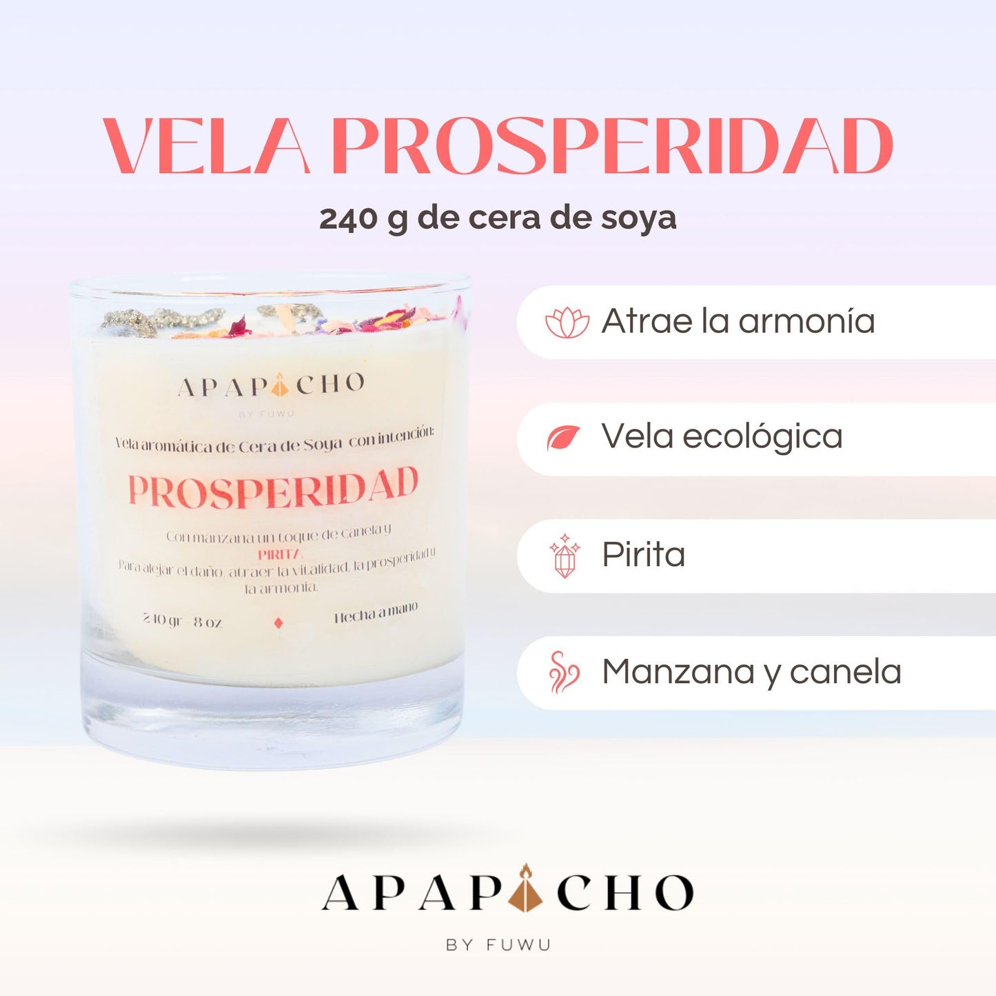 Fuwu, velas aromaticas relajantes de cera de soya con cuarzos naturales, velas decorativas hechas a mano con hierbas de olor, aromatizantes para hogar, velas aromaticas (Manzana con canela)