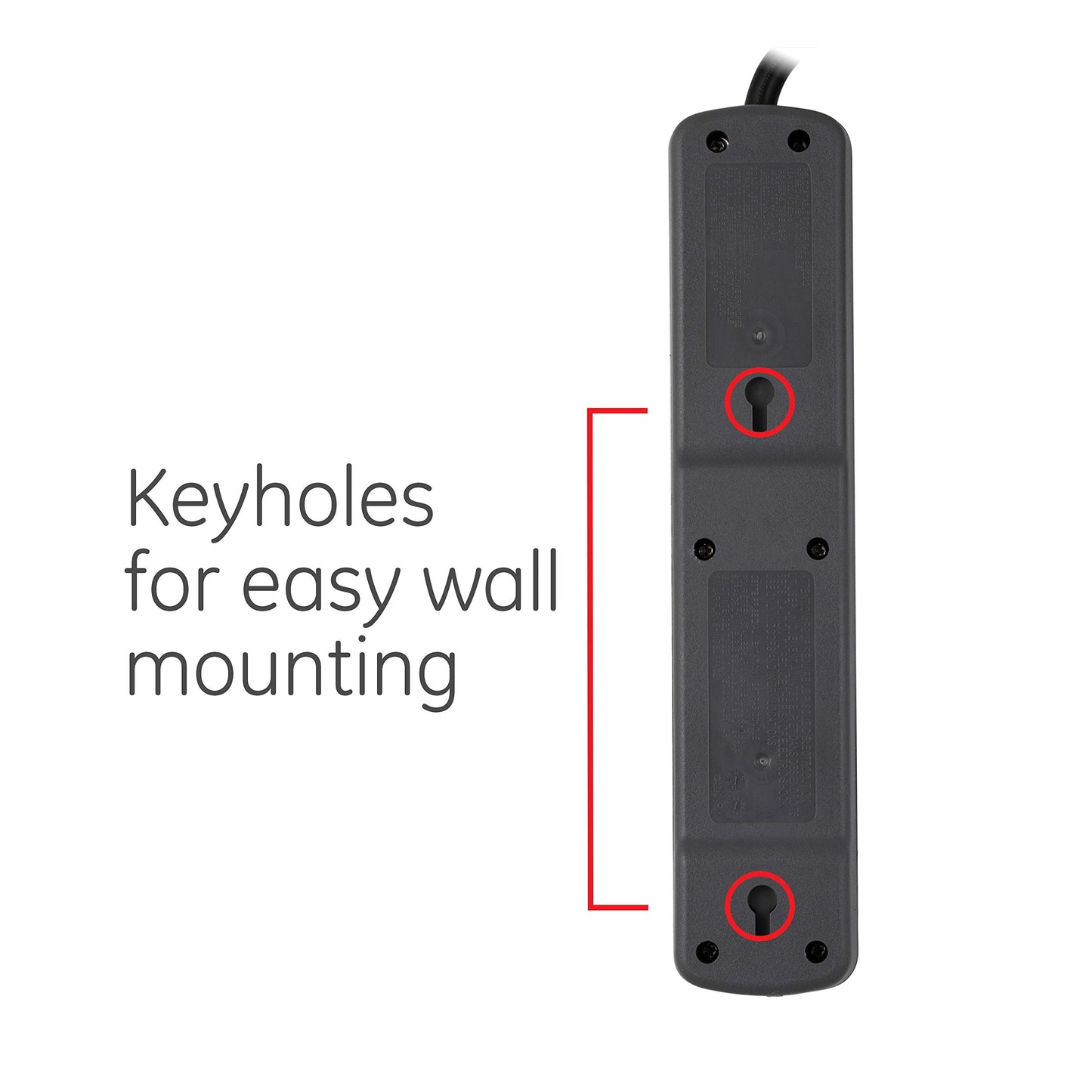 GE Tira Multicontactos De 6 Salidas Con Supresor De Picos Y Enchufe Plano, Cable De Extensión De 2.4 Metros (8 Pies), 1300 Julios, Cubiertas De Seguridad Con Giro Para Cerrar, Negro, 1 Unidad, 33662