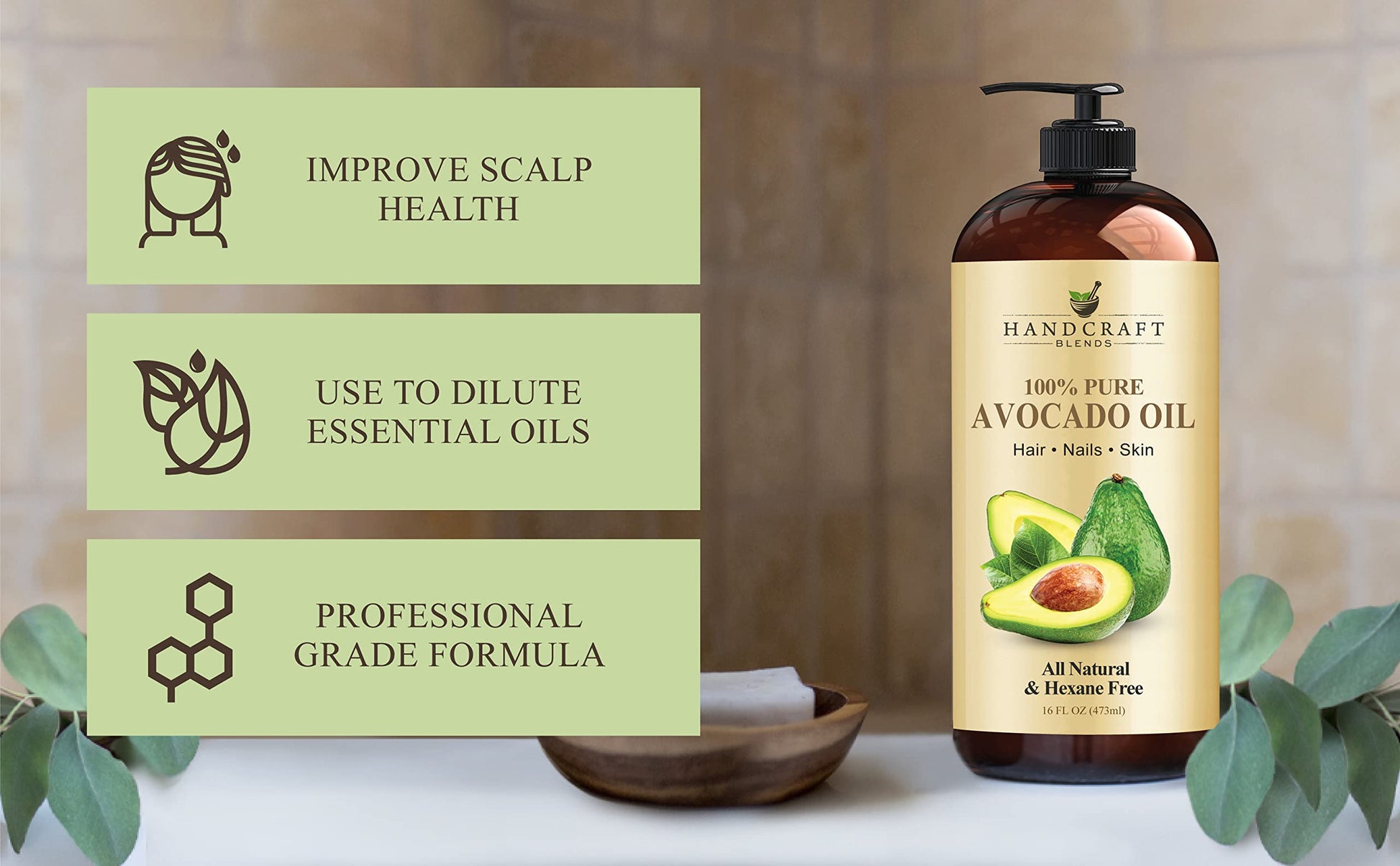 Handcraft Blends Aceite de aguacate artesanal 16 onzas líquidas, 100% puro y natural, aceite para el cabello, aceite portador para aromaterapia, aceite de masaje, hidratante corporal y piel y lubricante, prensado en frío, sin hexano, botella puede variar