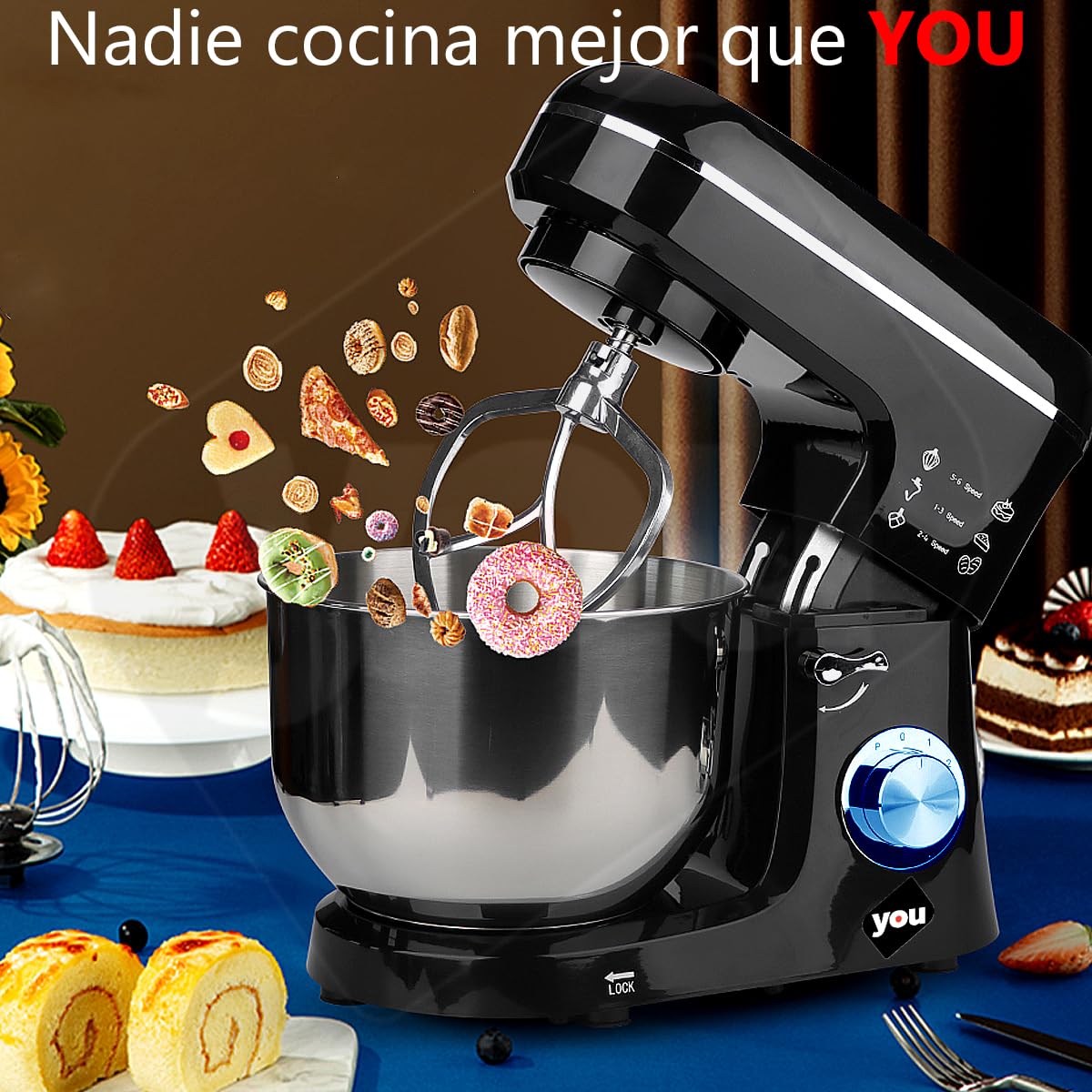 Batidora de Pedestal Profesional Planetaria Uso Rudo 6 Velocidades de 1100 Watts Tazón de 5.8 Litros, Cabeza Inclinable con Accesorios Repostería y Panadería en el Hogar
