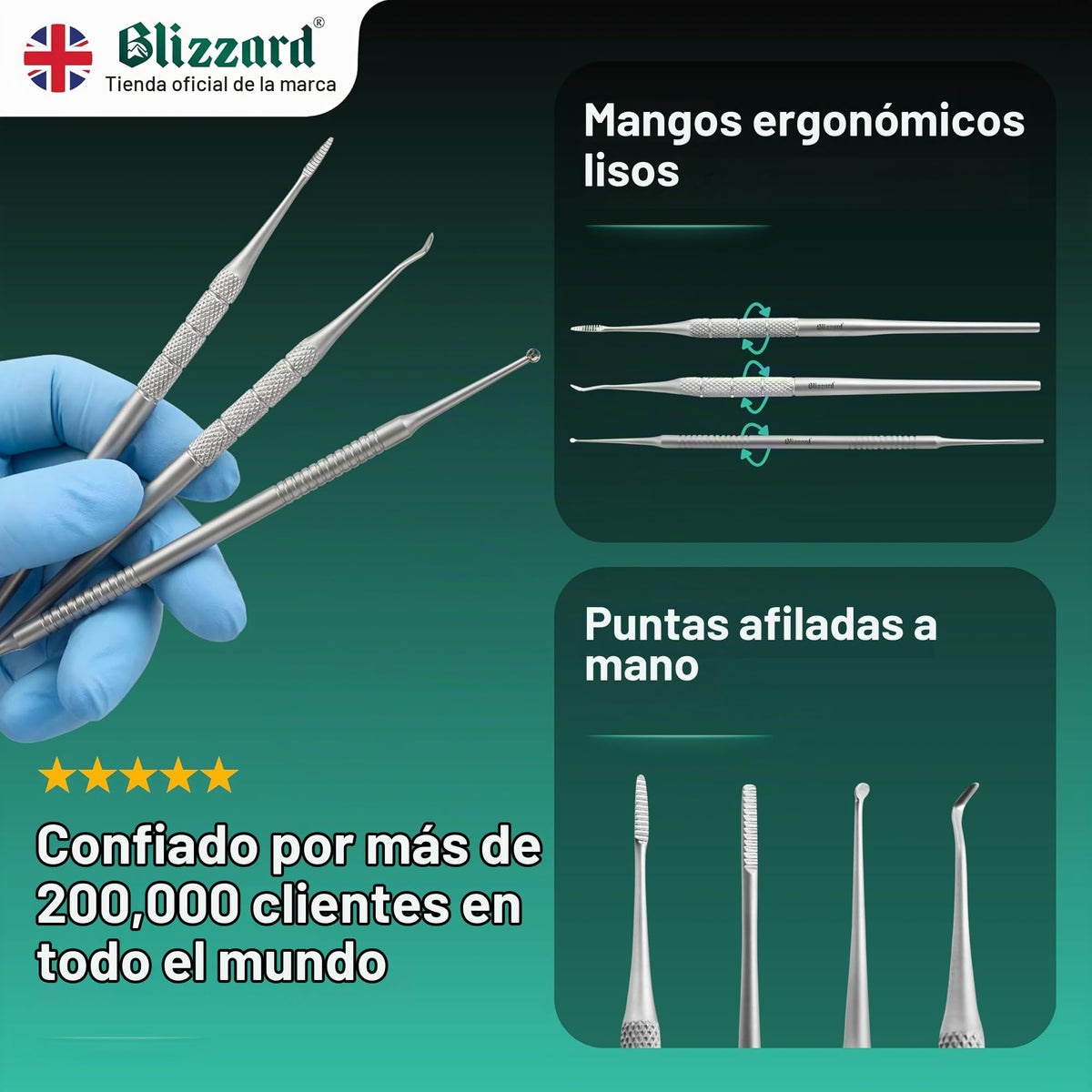Blizzard Kit Pedicura Profesional 3 Piezas - Herramientas para Uñas Encarnadas y Delicadas - Utensilios de Acero Inoxidable Podología Lima Metálica Sonda Elevador Limpiador Cuidado de Pies Premium