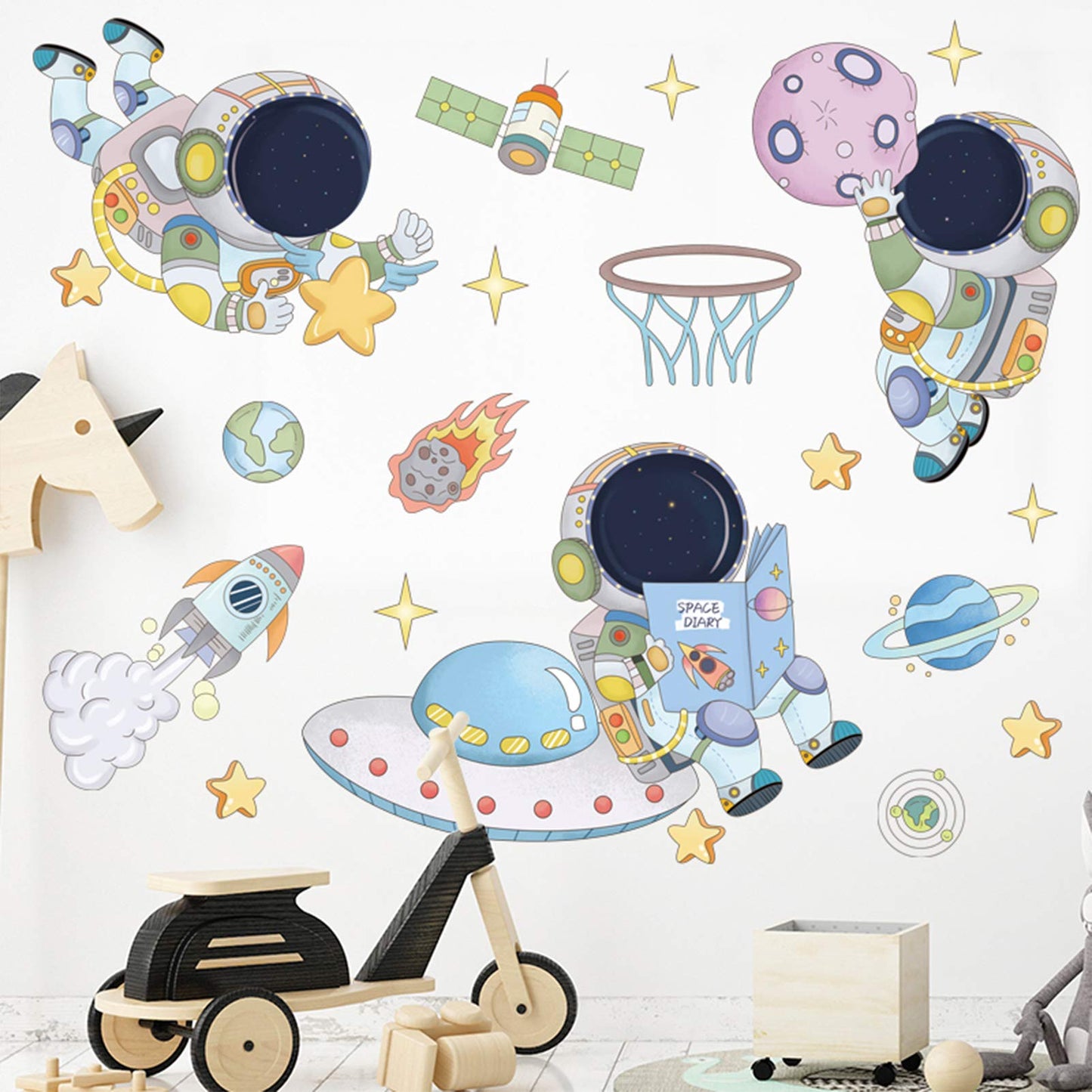 DILIBRA - Calcomanías de pared para astronautas, planeta, paseo espacial, naves espaciales, vinilo extraíble, murales de pared, lindos dibujos animados, astronauta cosmonauta, papel pintado para niños