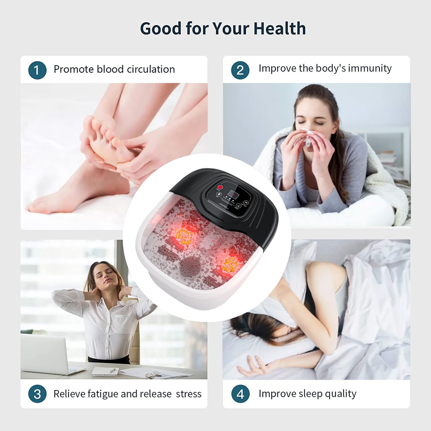 Masajeador de Baño para Pies con Calor y Burbuja, 8 Rodillos de Masaje, Sal de Epsom, Luz Roja y Vibración para Aliviar el Estrés