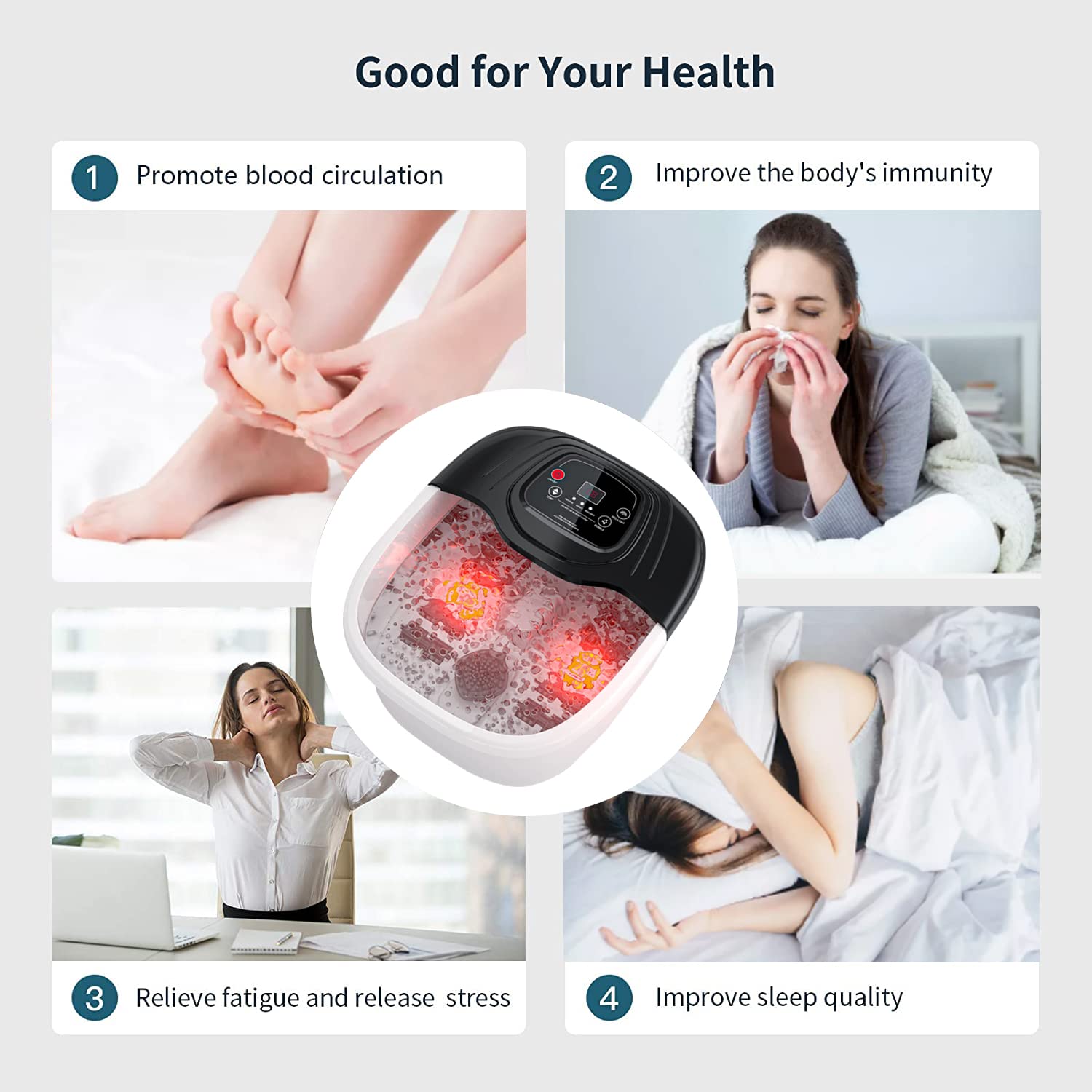 Masajeador de Baño para Pies con Calor y Burbuja, 8 Rodillos de Masaje, Sal de Epsom, Luz Roja y Vibración para Aliviar el Estrés