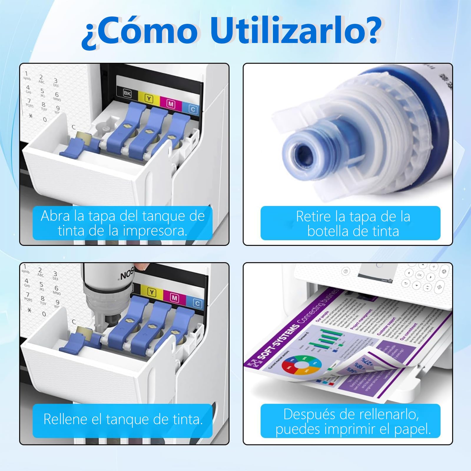 GLINTYU 4 Pack Botella Repuesto Tinta 544, Compatible con Tinta Epson 544, Negro, Azul, Rojo, Amarillo, Compatible para T544, L1110, L3110, L3150（ 70 ml Cada una）