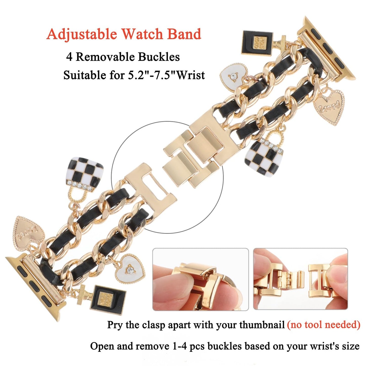 Pulsera REALSIGN dorada/negra con dijes de metal para iWatch Series 9-1 SE (42/44/45mm)