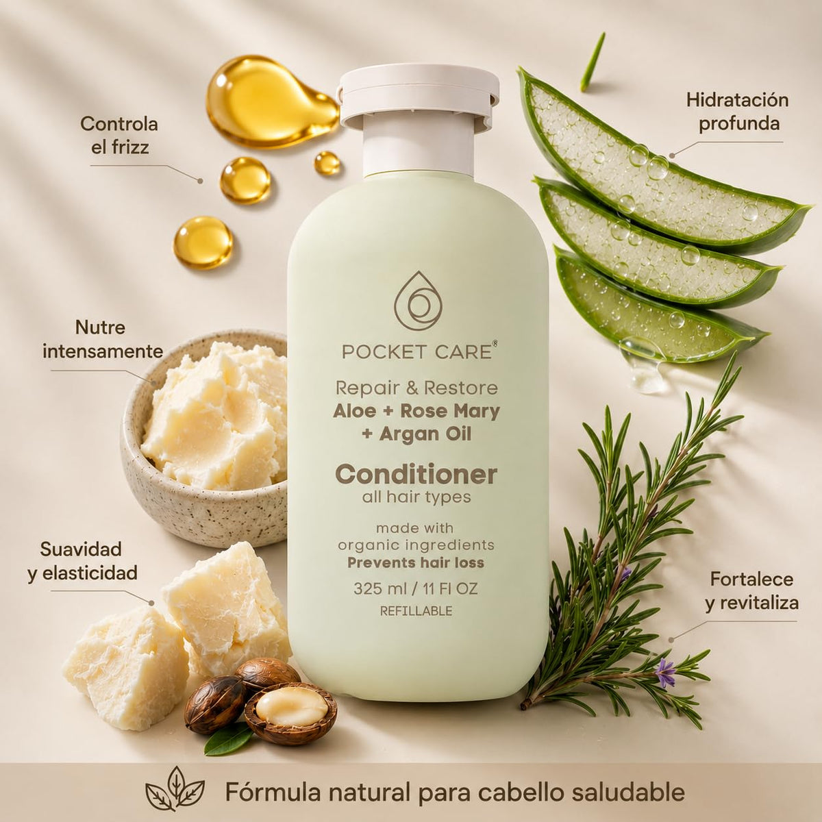 Pocket Care Acondicionador Reparador para Cabello Seco y Maltratado con Aceite de Argán, Sábila, Romero, Manteca de Karité y Cacao | Anti Frizz, Brillo y Suavidad | 325 ml(Acondicionador, Aloe vera)