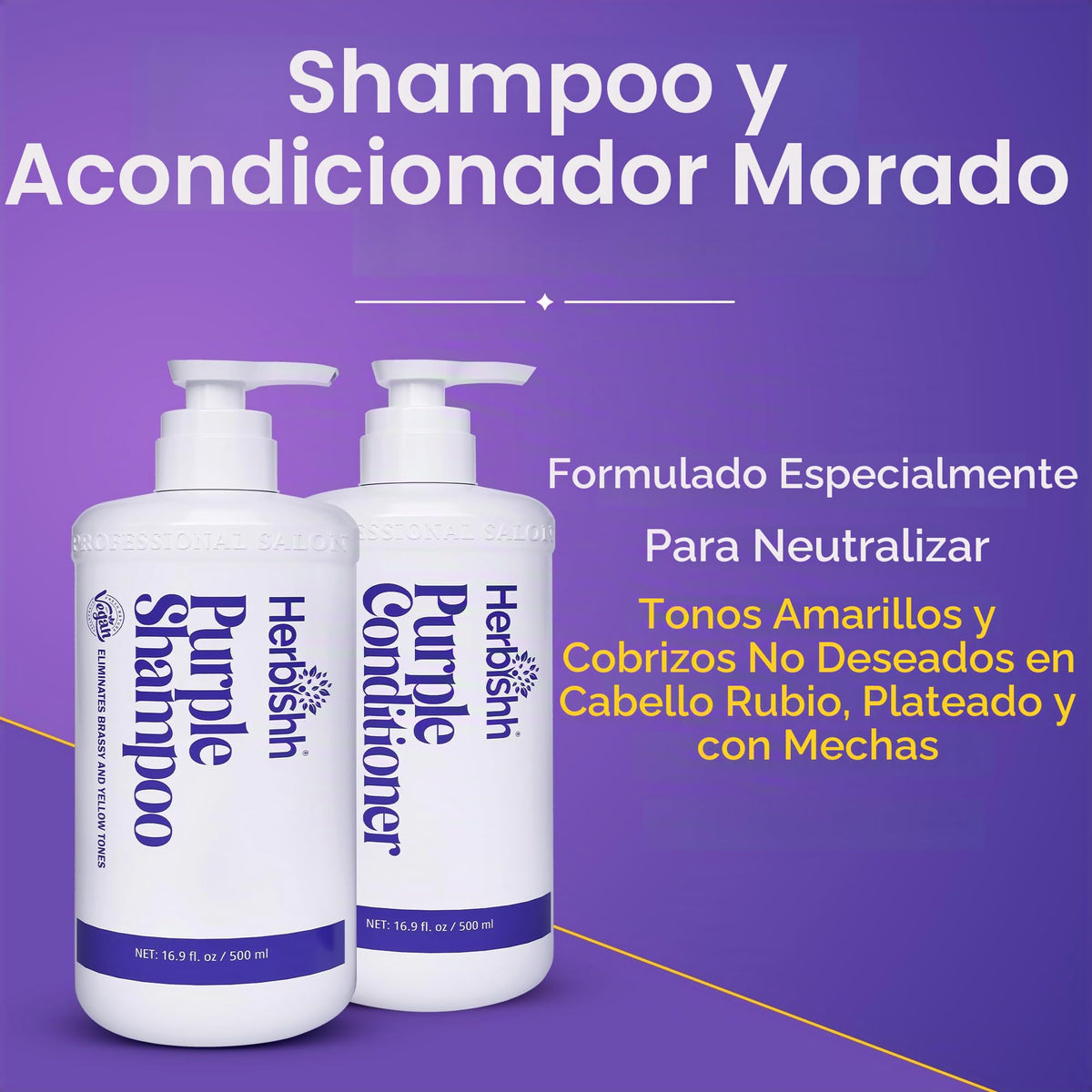 Set Shampoo y Acondicionador Morado Herbishh – Neutraliza Tonos Amarillos y Cobrizos | Para Cabello Rubio, Plateado y con Mechas | Hidratante y Nutritivo | Fórmula Vegana y Segura para el Color | 500 ml c/u