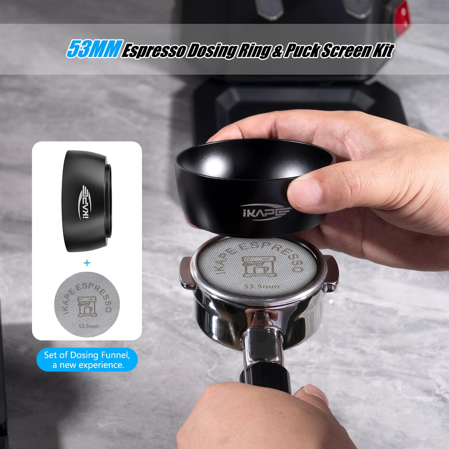 IKAPE Juego de Embudo Dosificador Magnético, Anillo Dosificador de Espresso Y Kit de Pantalla de Disco Compatible con Portafiltro Sin Fondo Breville de 54 mm, con 8 Imanes Pequeños 53Mm Negro