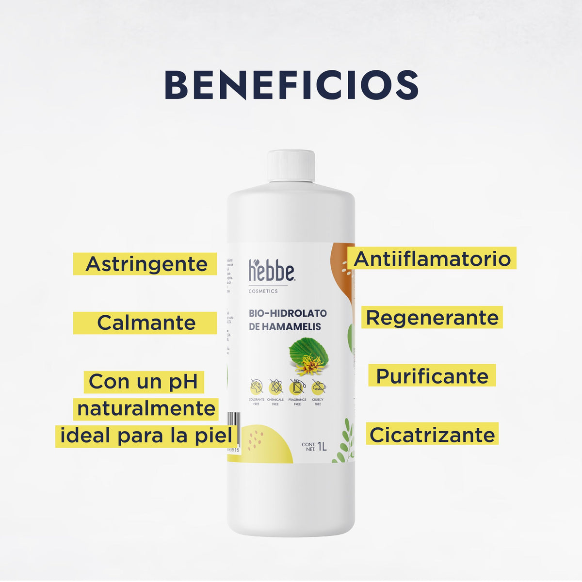 HEBBE - Hidrolato de Hamamelis 1 L | Estimula Colágeno | Fijador de Maquillaje | Ideal para Pieles Sensibles | Efecto Anti-Edad