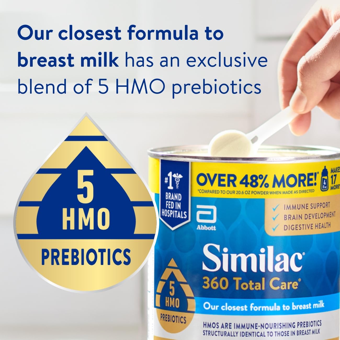 Similac 360 Total Care Infant Formula with 5 HMO Prebiotics, Our Closest Formula to Breast Milk, Non-GMO, Baby Formula Powder, 30.8-oz Can
