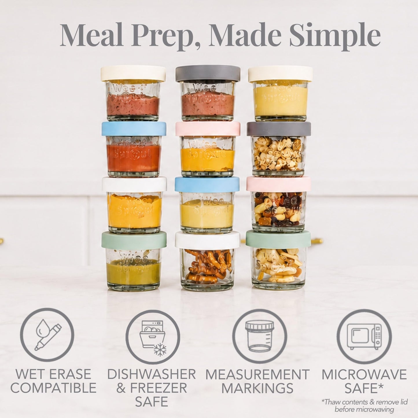 WeeSprout - Frascos de Vidrio para Almacenamiento de Alimentos para Bebés con Tapas (4 onzas, juego de 12 unidades) aperitivos, puré, recipientes pequeños reutilizables, leche materna, nevera o