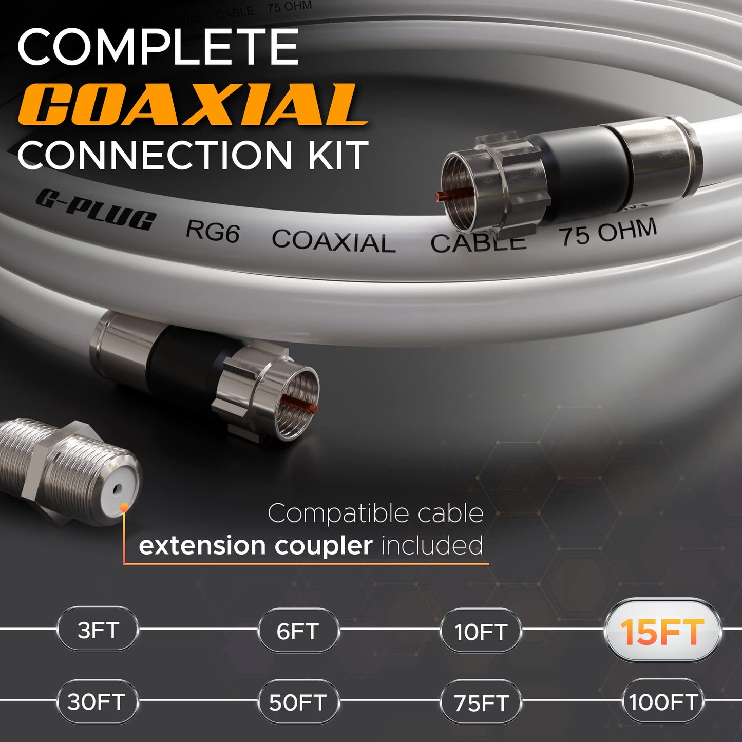 G-PLUG Cable Coaxial RG6 75 Ohm, Triple Blindaje, Conectores F Tipo Macho a Macho, Cable Antena TV, Satelital e Internet Banda Ancha, Incluye Acoplador F81, Blanco