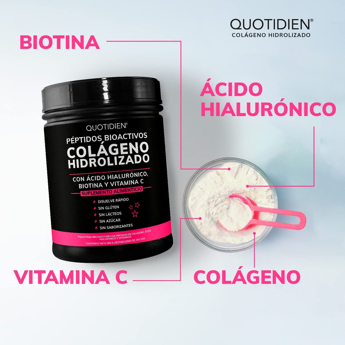 Suplemento Alimenticio Quotidien Péptidos Bioactivos Colageno Hidrolizado de Disolución Rápida Sin Azúcar para Piel y Uñas